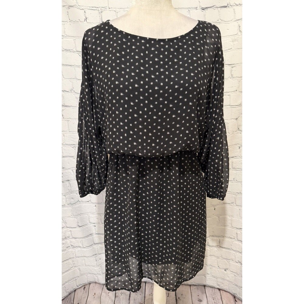 Express Polka Dot Dress Size M Mini Sheer Long Sleeve Black White Round Neck
